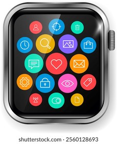 A vector illustration of a smartwatch interface displaying colorful circular app icons arranged in a grid pattern