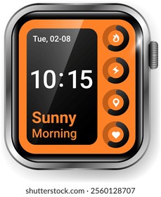 A vector illustration of a smartwatch interface featuring the time, weather forecast indicating sunny morning