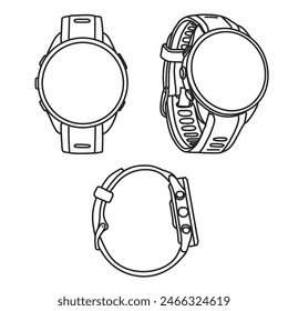 Vector illustration of smartwatch round display hand drawn sketch line art, front, side and isometric view, isolated on white background, For kids coloring book or science illustration.