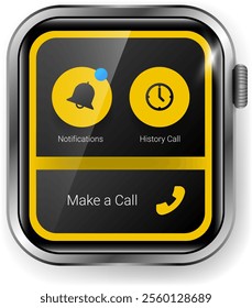 A vector illustration of a smartwatch screen featuring call related functionalities, including notifications, call history, and an option to make a call