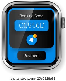 A vector illustration of a smartwatch screen showing a booking code highlighted in blue with a clear payment notification button