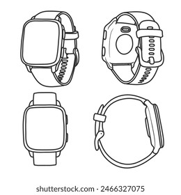Vector illustration of smartwatch square display hand drawn sketch line art, front, side, rear, and isometric view, isolated on white background, For kids coloring book or science illustration.