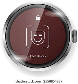 A vector illustration of a smartwatch user interface displaying a face unlock feature with a smiling facial recognition icon, lock symbol, and sleek maroon background