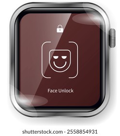 vector illustration of a smartwatch user interface featuring a face unlock screen with a smiling facial recognition icon and a lock symbol on a sleek maroon background