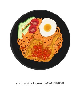 Vector illustration Smashed chicken or ayam geprek with noodles