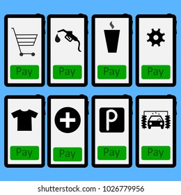 Vector illustration smatrphone or tablet display with pay button for services cup of coffe, gas, shopping, parking, clothes, medical services, car wash