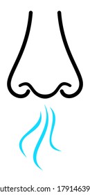 Vector illustration of smell symbol, nose, vapour smoke. Breathing aroma smell icon. 