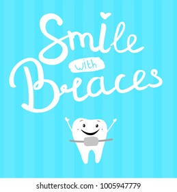 
Vector illustration of "smile in braces" on a blue background. Happy tooth.