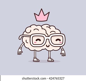 Vector illustration of smile brain with glasses and pink crown on gray background. Creative cartoon brain concept. Doodle style. Thin line art flat design of character brain for science, education