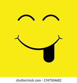 Vector illustration of smile cartoon line emoticon with tongue. Cheeky smiling face isolated on yellow background.