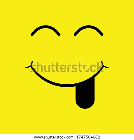 Vector illustration of smile cartoon line emoticon with tongue. Cheeky smiling face isolated on yellow background.