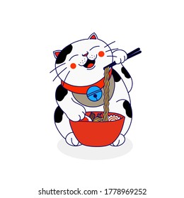 vector illustration of a smile cat eating ramen noodles. mascots, templates, food logos, stickers