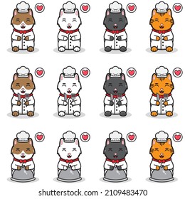 Vector illustration of Smile Cats with Chef costume. Maneki neko. Lucky cat character vector design. Cartoon character design set.