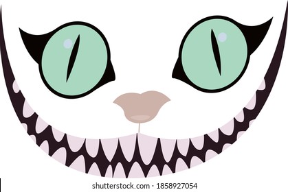 vector illustration, smile, Cheshire cat, eyes, teeth, mouth. Alice in Wonderland. The face of the cat. The head of a cat with a big mustache. Cheshire cat smile.  svg