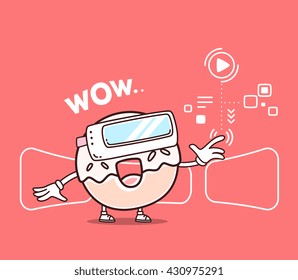 Vector illustration of smile donut with 3d virtual reality glasses on red background. Creative cartoon donut concept. Doodle style. Thin line art flat design of character donut for 3d virtual reality