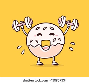 Ilustração vetorial de donut sorriso levanta halteres em fundo amarelo. Conceito de donut de desenho animado Fitness. Estilo rabiscos. Linha fina arte design plano de donut personagem para esporte, perder peso, tema fitness