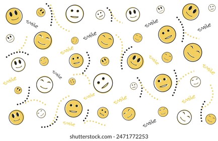 Vector illustration of smile emotion, seamless stroke, and word smile on white background. Suitable for decoration, wallpaper, textiles, gift wrapping, covers, etc.