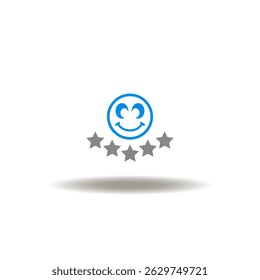 Vector illustration of smile face with five stars. Symbol of client satisfaction. Icon of good user experience, feedback.