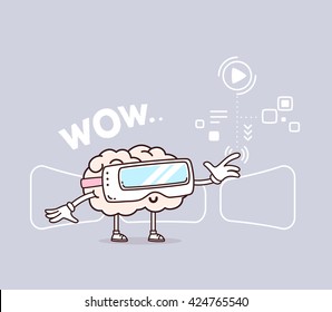Vector illustration of smile pink brain with 3d virtual reality glasses on gray background. Creative cartoon brain concept. Doodle style. Thin line art flat design of brain for 3d virtual reality