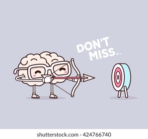 Vector illustration of smile pink brain with glasses shooting arrows on gray background. Creative cartoon brain concept. Doodle style. Thin line art flat design of character brain for target, planning