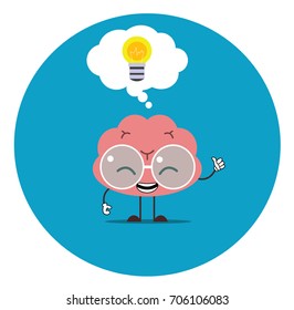Vector illustration of smile pink brain with glasses and thumb up on blue background with lamp over his head. Evrica brain concept. Doodle style. Flat design