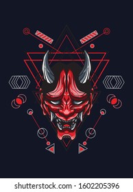 vector illustration smile red oni with sacred geometry pattern