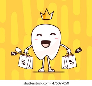 Vector illustration of smile white tooth with  crown, shopping package in hands on yellow background. Creative tooth dentistry concept. Doodle style. Thin line art flat design of shopping tooth 