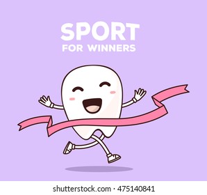 Vector illustration of smile white tooth with hands running through the tape to win on purple background. Creative cartoon tooth dentistry concept. Doodle style. Thin line art flat design of tooth