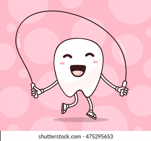 Vector illustration of smile white tooth with skipping rope on pink background. Fitness cartoon tooth, dentistry concept. Doodle style. Thin line art flat design of sport strong sturdy tooth
