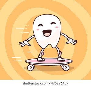 Vector illustration of smile white tooth riding skateboard on yellow background. Skateboarding cartoon tooth, dentistry concept. Doodle style. Thin line art flat design of tooth for sport, skateboard