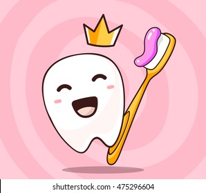 Vector illustration of smile white tooth with yellow crown and toothbrush with paste on pink background. Creative cartoon tooth dentistry concept. Doodle style. Thin line art flat design of tooth