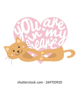 Vector illustration. Smiley cartoon cat with pink heart - I love you. Perfect for greeting cards