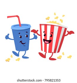 Vector illustration with smiley cartoon popcorn. Cartoon popcorn striped bucket with soda drink. Vector cinema time background. Isolated movie snack objects. Cinema drink and food