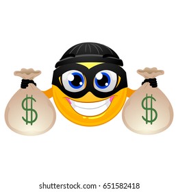 Vector Illustration of Smiley Emoticon Burglar holding Money Bag svg