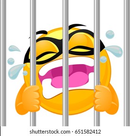 Vector Illustration of Smiley Emoticon Crying in Prison