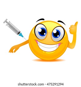 Vector Illustration of Smiley Emoticon Happily Taking a Vaccine