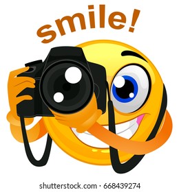 Vector Illustration of a Smiley Emoticon Photographer Holding a Digital Camera