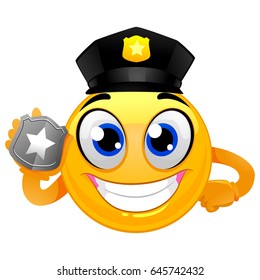 Vector Illustration of Smiley Emoticon Policeman holding a Badge