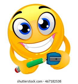 Vector Illustration of Smiley Emoticon Sharpening a Pencil
