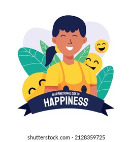 Vector illustration smiley man with laughing emoticon symbol around. International day of happiness background.