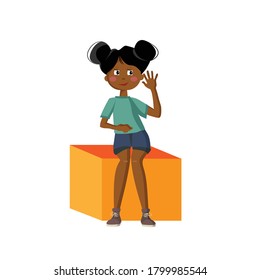 Vector illustration of a smiling African American girl sitting on a cube. A cute preschooler goes to school, kindergarten. Schoolgirl with backpack isolated on white