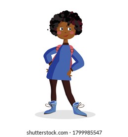 Vector illustration of a smiling African American girl with a backpack. A cute preschooler goes to school, kindergarten. Schoolgirl with backpack isolated on white