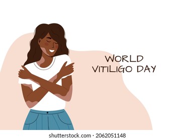 Vector illustration of smiling afro american girl with vitiligo. World Vitiligo Day. Another kind of beauty. Love yourself, accept your body. Banner for international Vitiligo Day. White background.