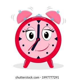 vector illustration of a smiling alarm clock in cartoon style isolated on a white background
