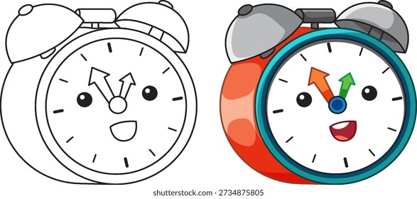 Ilustração vetorial de um despertador sorridente com um modelo de coloração preto e branco