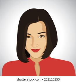 Vector illustration of a smiling Asian woman in red clothes