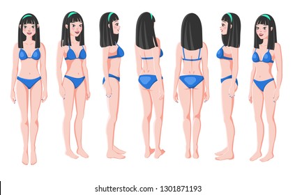 Vector Illustration of Smiling Asian Women in Bikini on a White Background. Cartoon Realistic Girls Set. Flat Young Lady. Front View Woman. Side View Woman. Back Side View Woman. Seven Positions