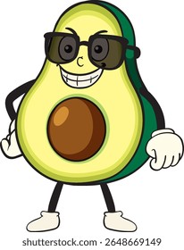 Vector illustration of a smiling avocado character wearing sunglasses, with a playful and vibrant style