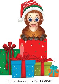 Vector illustration of a smiling baby ape with holiday presents on a white background.