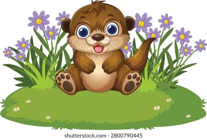 Vector illustration of smiling baby otter sitting among purple wildflowers on green grass patch.